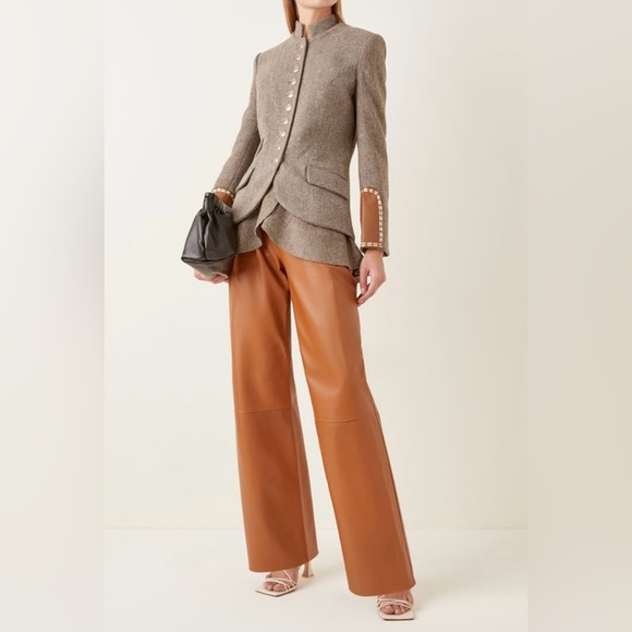 NWT Johanna Ortiz Brown Equestrian Novelty Leather-Trimmed Wool Blazer Size 10 - Picture 1 of 16